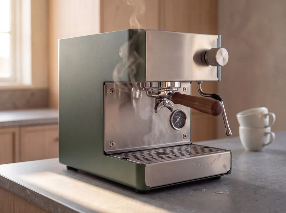 La macchina da caffè su un piano cucina con luce del mattino