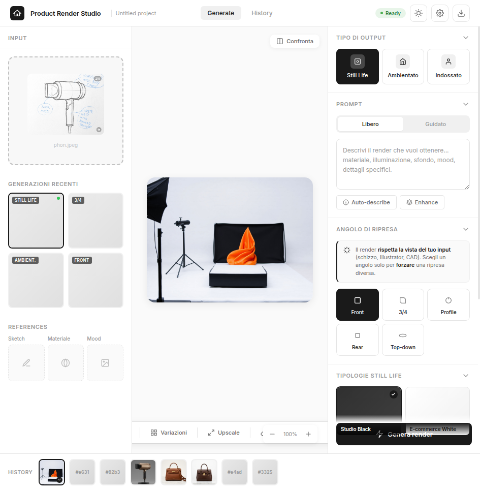 Schermata: sketch caricato dentro Product Render Studio